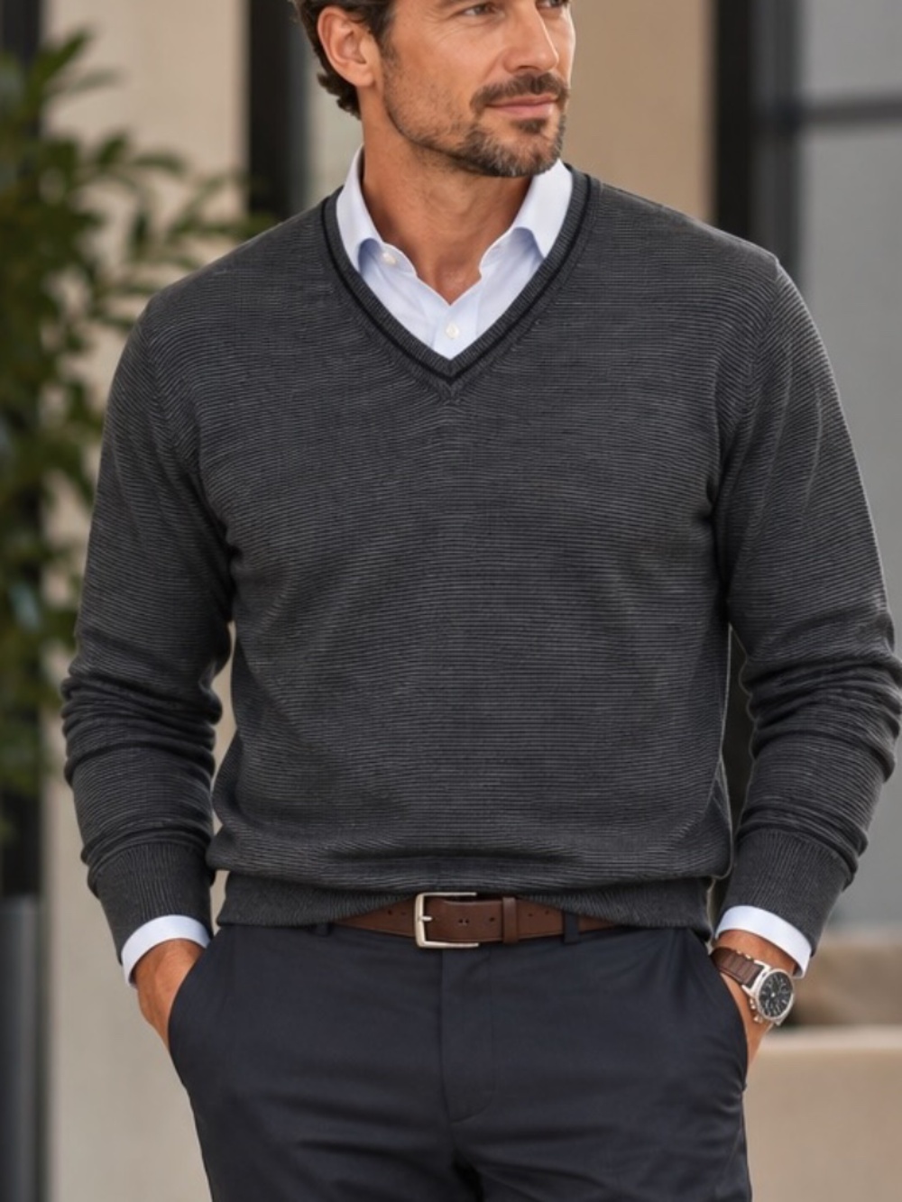 Alfred Sung V-Neck Sweater Mens Size #XLT Gray Merino Wool Blend Academia Office